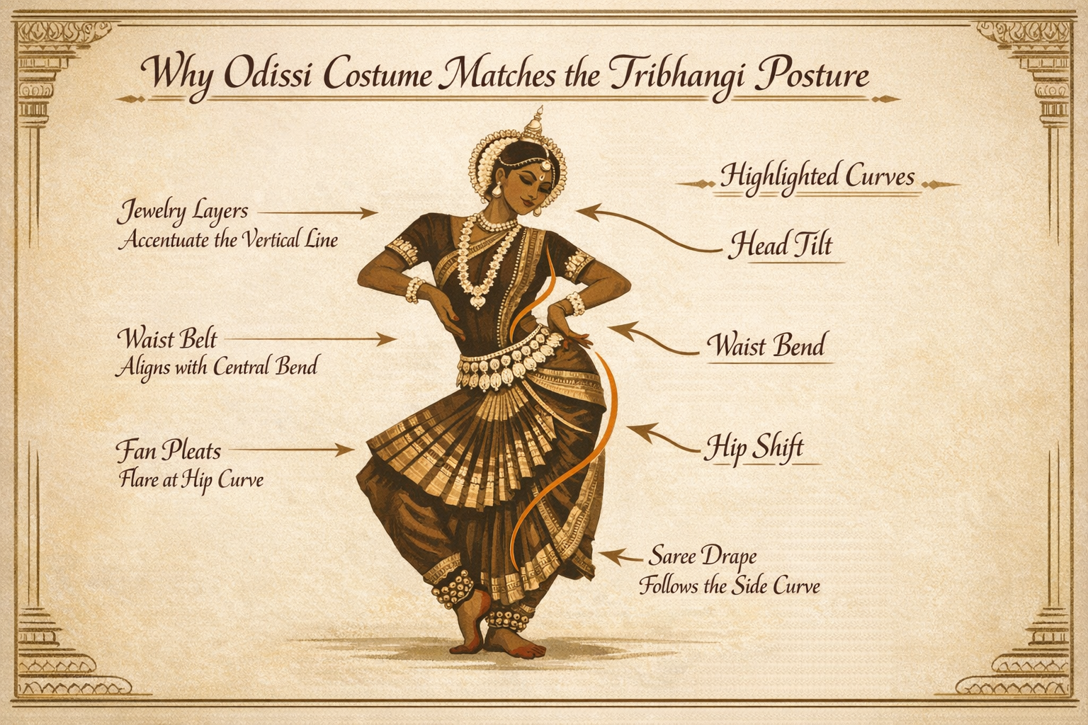 Odissi costume design highlighting tribhangi posture geometry